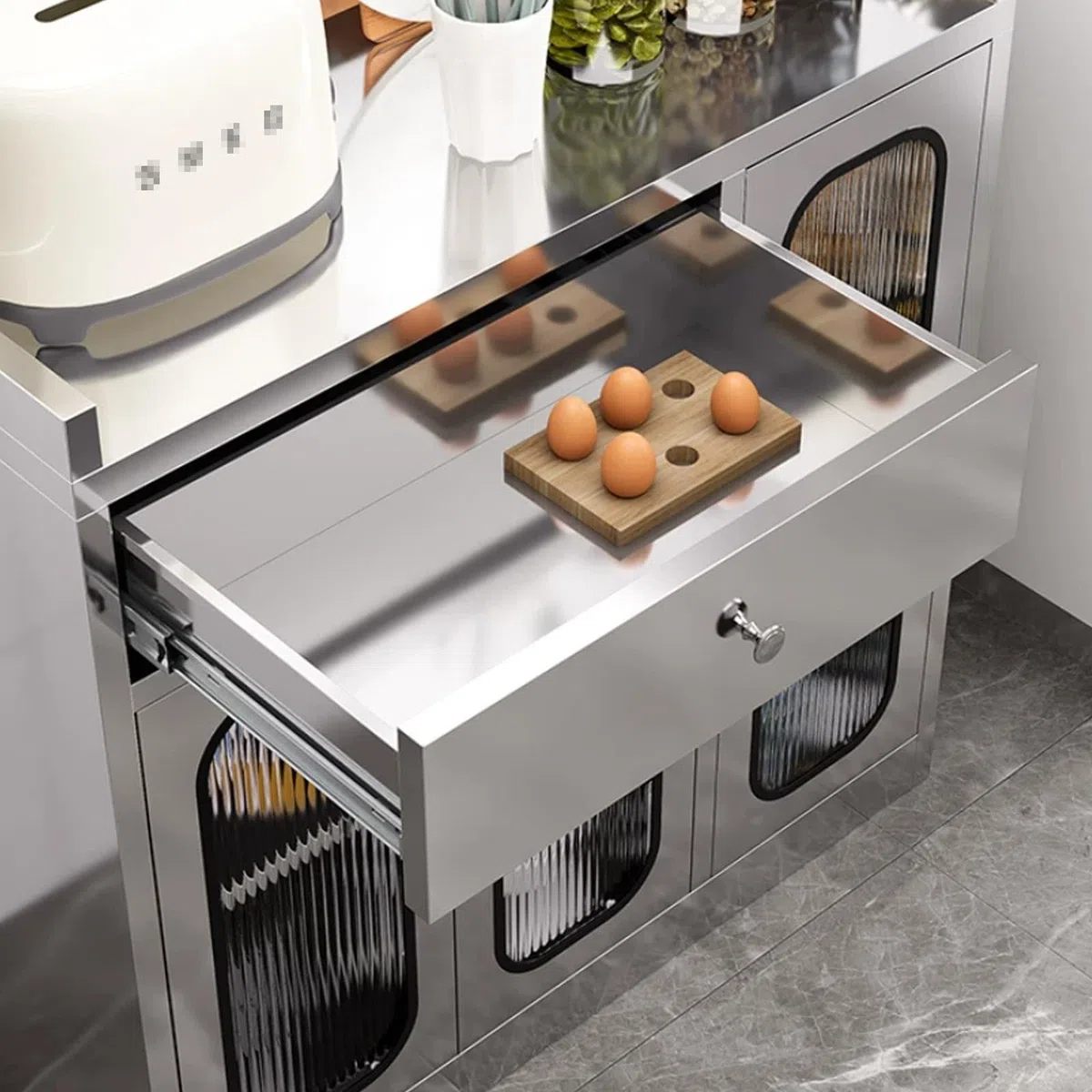 Armoire de Rangement INOX 304 avec Portes Vitrées, Support Micro-Ondes