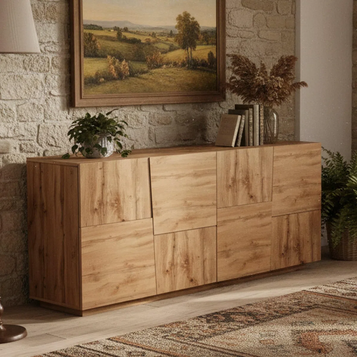 Dmora - Buffet Yago de Salon Moderne Avec 4 Portes, 200x44h86 cm, Chêne