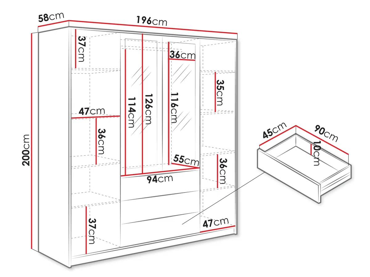 Mirjan24 Raviren Lux 4D Armoire à portes battantes avec miroir, 3 tiroirs et tringle à vêtements, élégante armoire pour chambre à coucher, chambre d'adolescent (blanc)