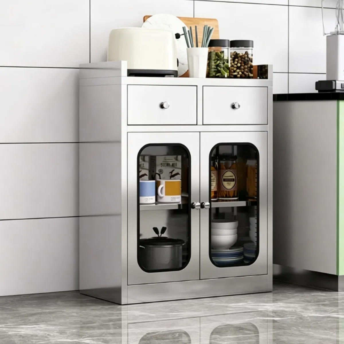 Armoire de Rangement INOX 304 avec Portes Vitrées, Support Micro-Ondes