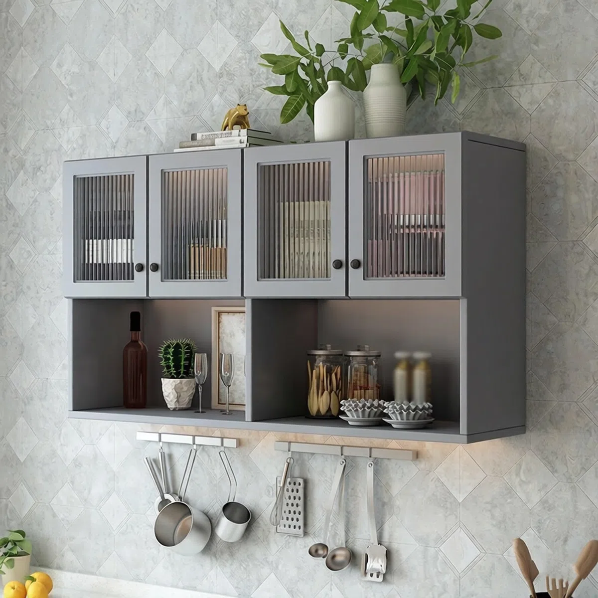 Armoire murale avec portes et étagère ouverte – Solution de rangement élégante pour salle de bain, buanderie et cuisine – Gain de place pour une utilisation efficace de la maison