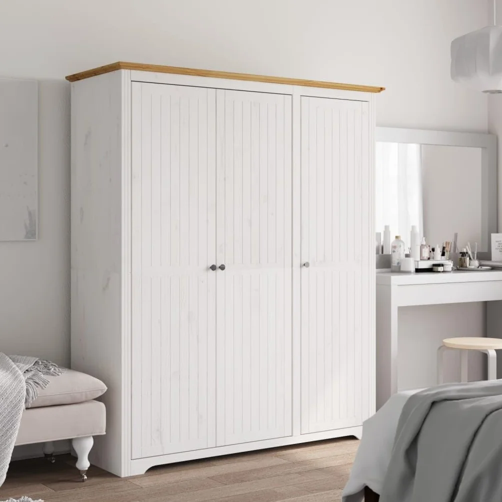 Armoire BODO - Blanc et marron - En pin massif - 146 x 53,5 x 173 cm - Avec 3 portes, poignées en métal, tringle à vêtements, étagère pour chambre à coucher et dressing