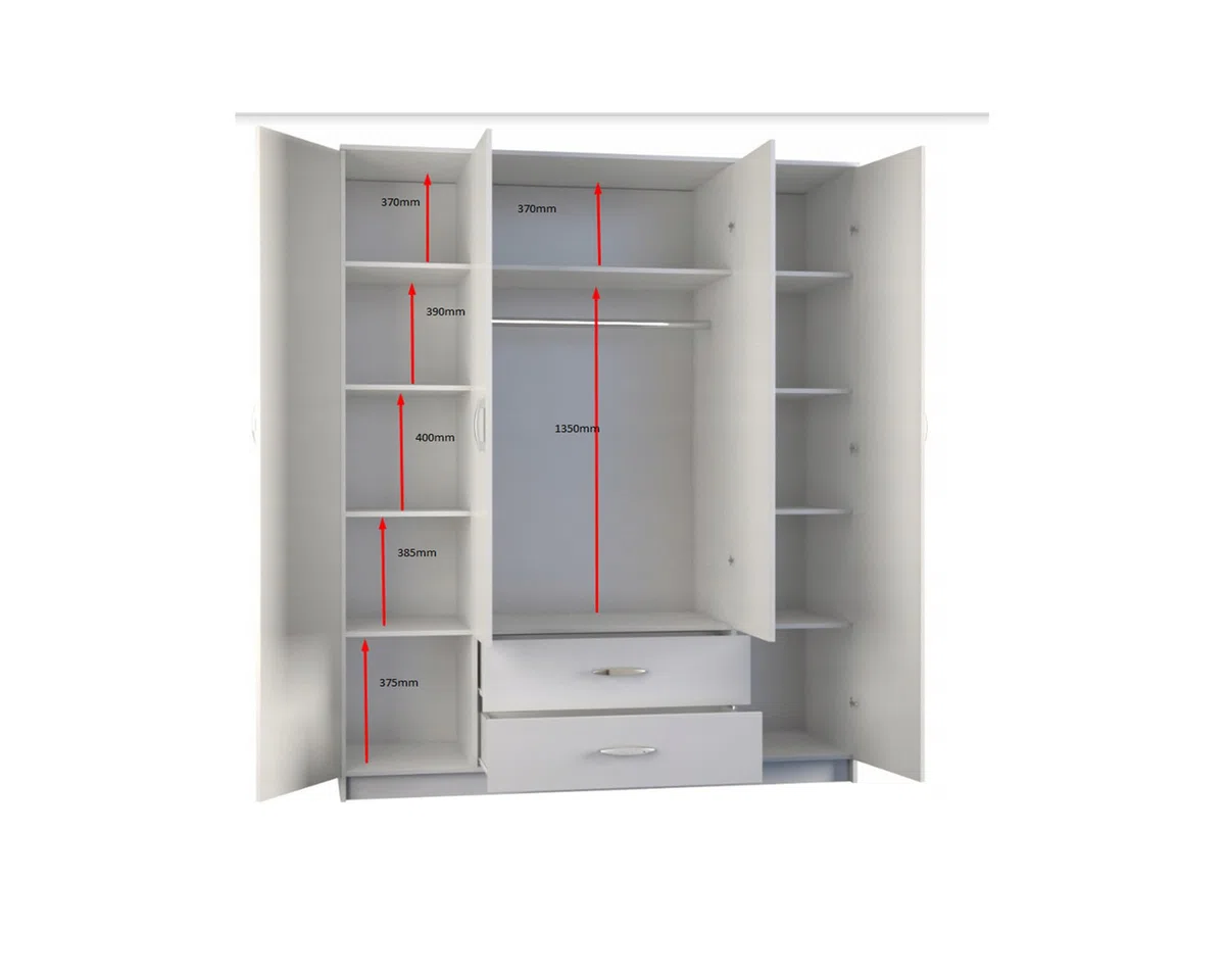 VBChome Armoire 160 x 52 x 205 cm - Blanc - 4 portes - 2 tiroirs - Miroir - Armoire de couloir - Armoire de salon - Avec miroir - 160 x 52 x 205 cm