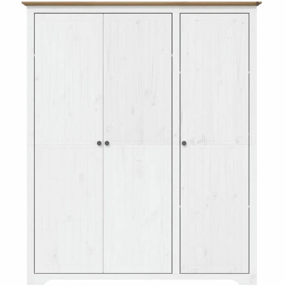 Armoire BODO - Blanc et marron - En pin massif - 146 x 53,5 x 173 cm - Avec 3 portes, poignées en métal, tringle à vêtements, étagère pour chambre à coucher et dressing