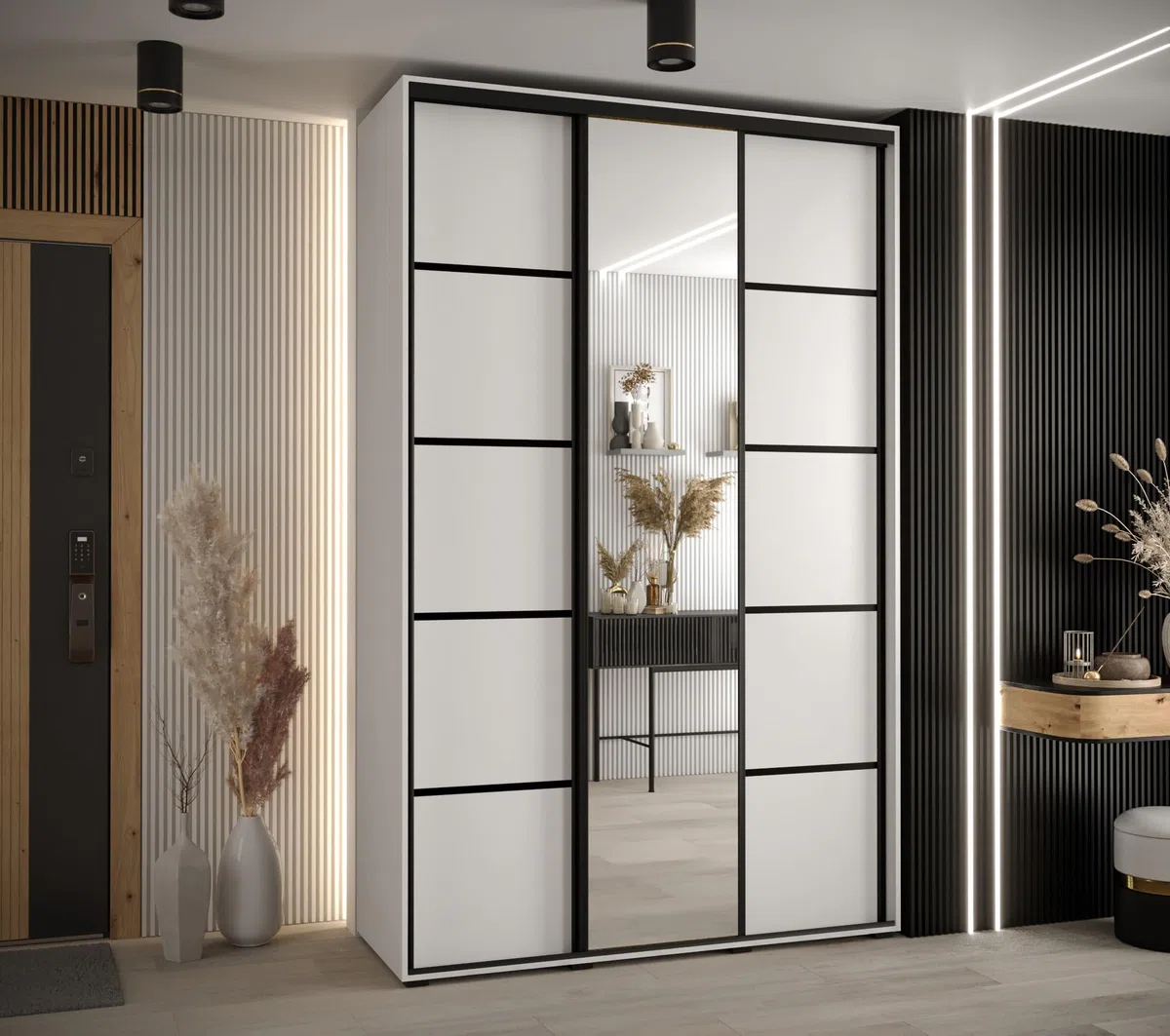 ABIKSMEBLE Cannes 5 Armoire Moderne à 3 Portes Coulissantes avec Barre, Étagères et Miroir - Armoire de Rangement pour Chambre, Salon - 205,2x160x45 cm - Blanc Blanc Noir