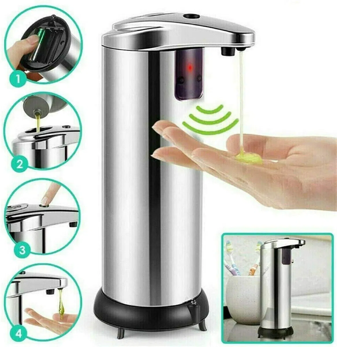 Distributeur de capteur de Mouvement de Gel sans Touch sans Touche Distributeur de Mouvement Noir, Distributeur de Gel Mains Libres de Piles, Distributeur de Savon Automatique à Main sans Eau de