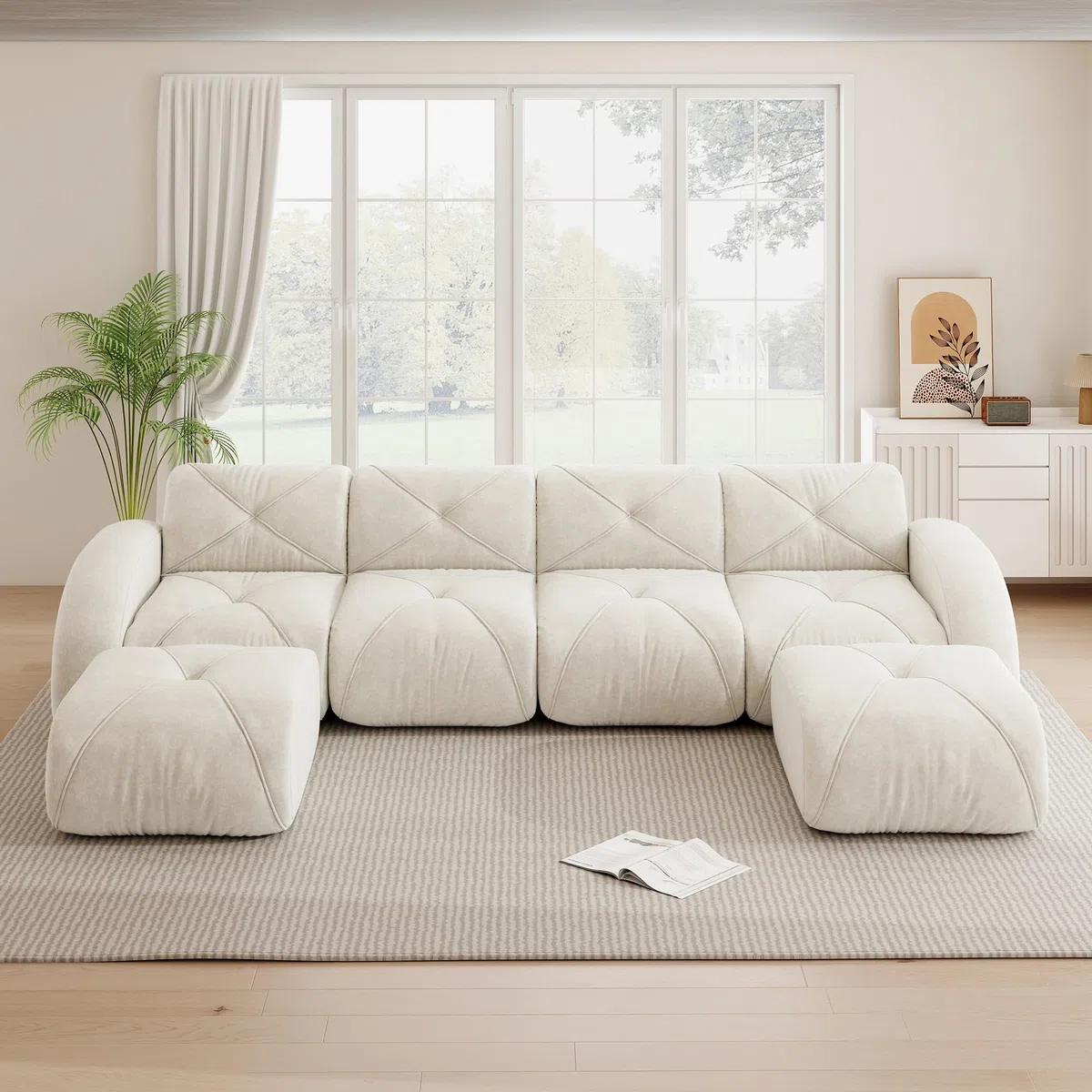 Canapé modulaire 4 places sans cadre, mousse 32D haute densité, convient pour le salon, design antidérapant, pas de montage nécessaire, tissu chenille, blanc