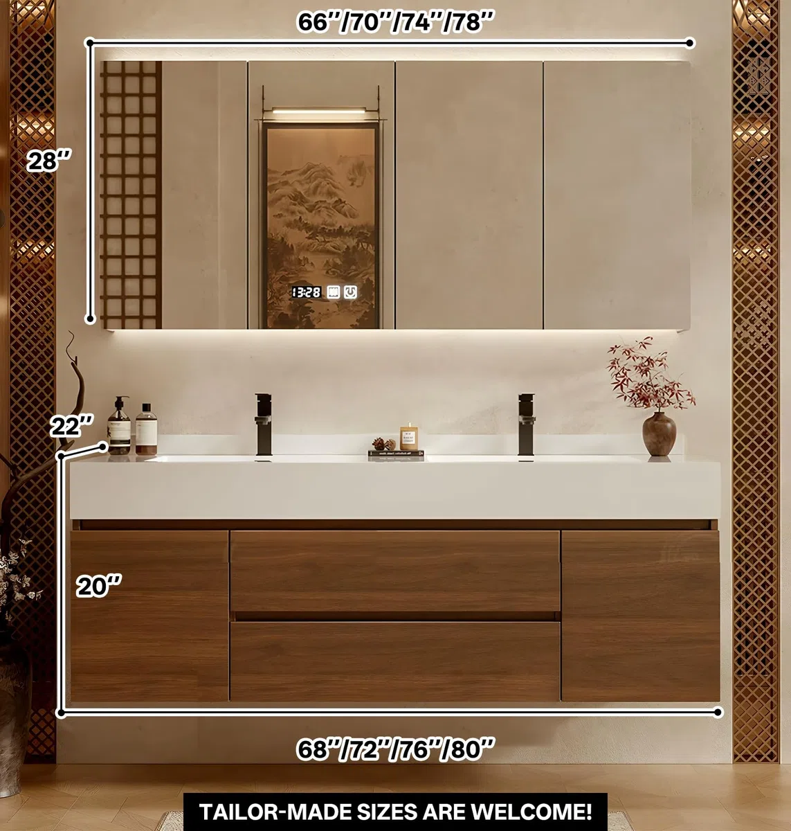 Meuble de salle de bain en bois de noyer avec miroir antibuée intelligent à DEL – Meuble flottant en ardoise avec évier en céramique et tiroirs de rangement – 203,2 cm