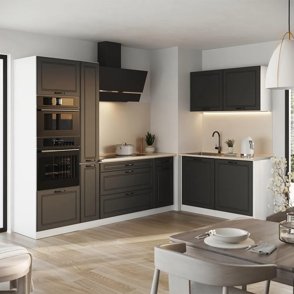 Vicco Cuisine en Angle R-Line, Anthracite Campagne/Blanc 230 x 120 cm