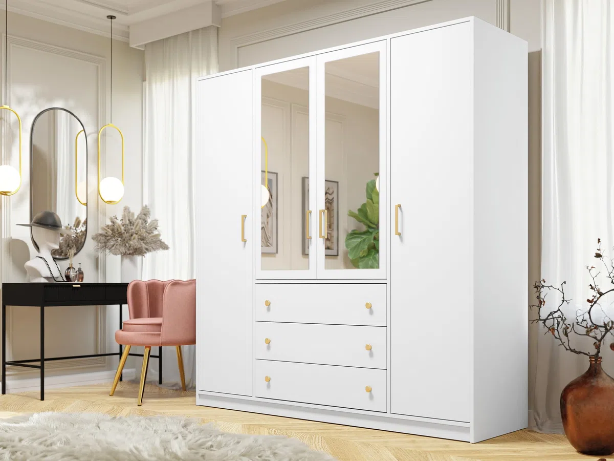 Mirjan24 Raviren Lux 4D Armoire à portes battantes avec miroir, 3 tiroirs et tringle à vêtements, élégante armoire pour chambre à coucher, chambre d'adolescent (blanc)