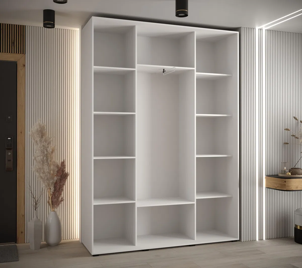 ABIKSMEBLE Cannes 5 Armoire Moderne à 3 Portes Coulissantes avec Barre, Étagères et Miroir - Armoire de Rangement pour Chambre, Salon - 205,2x160x45 cm - Blanc Blanc Noir