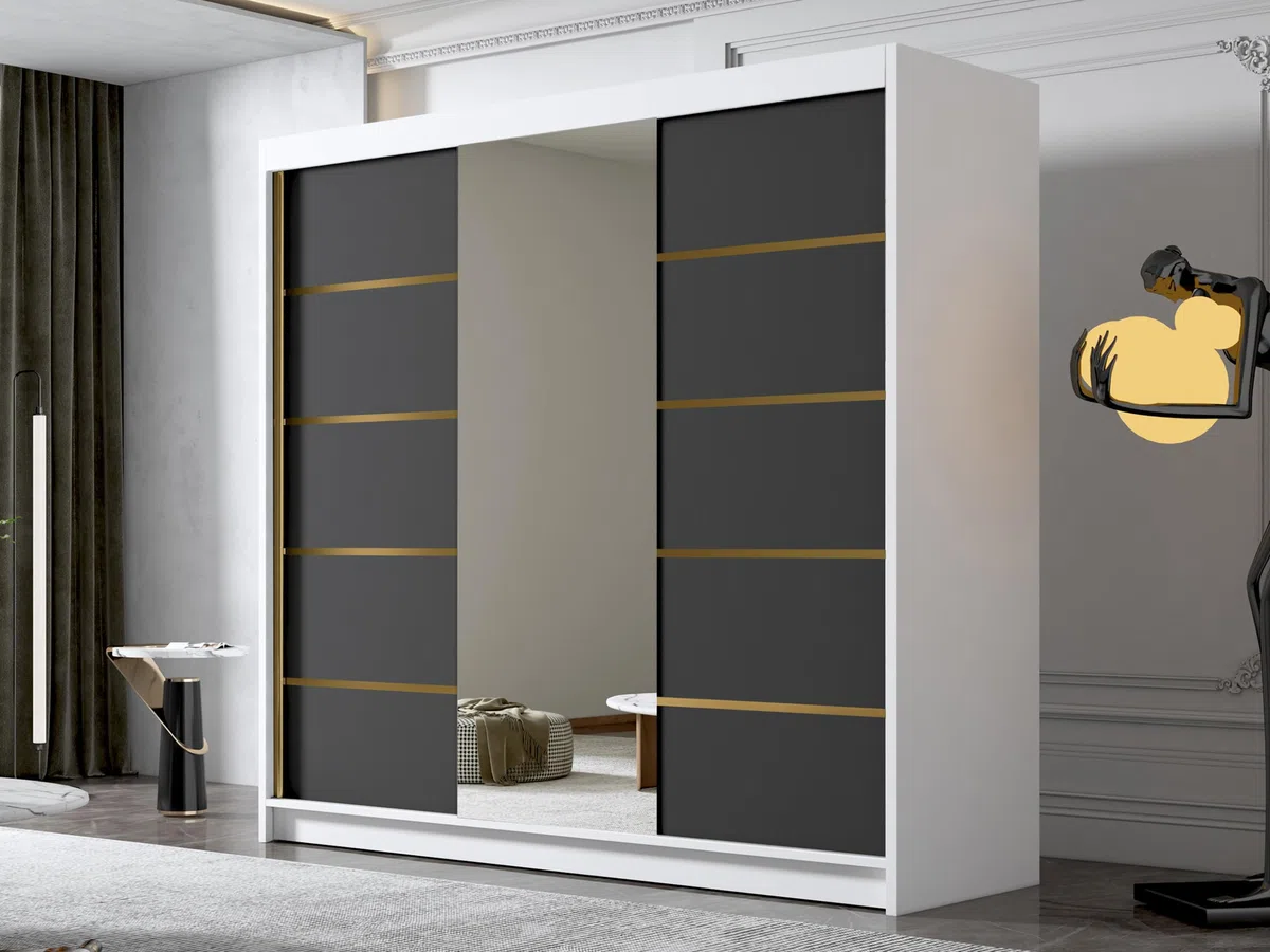 Mirjan24 Edrulaz VI - Penderie avec miroir - Armoire avec tringle à vêtements et étagères pour vêtements - 200 cm de large - Blanc/noir