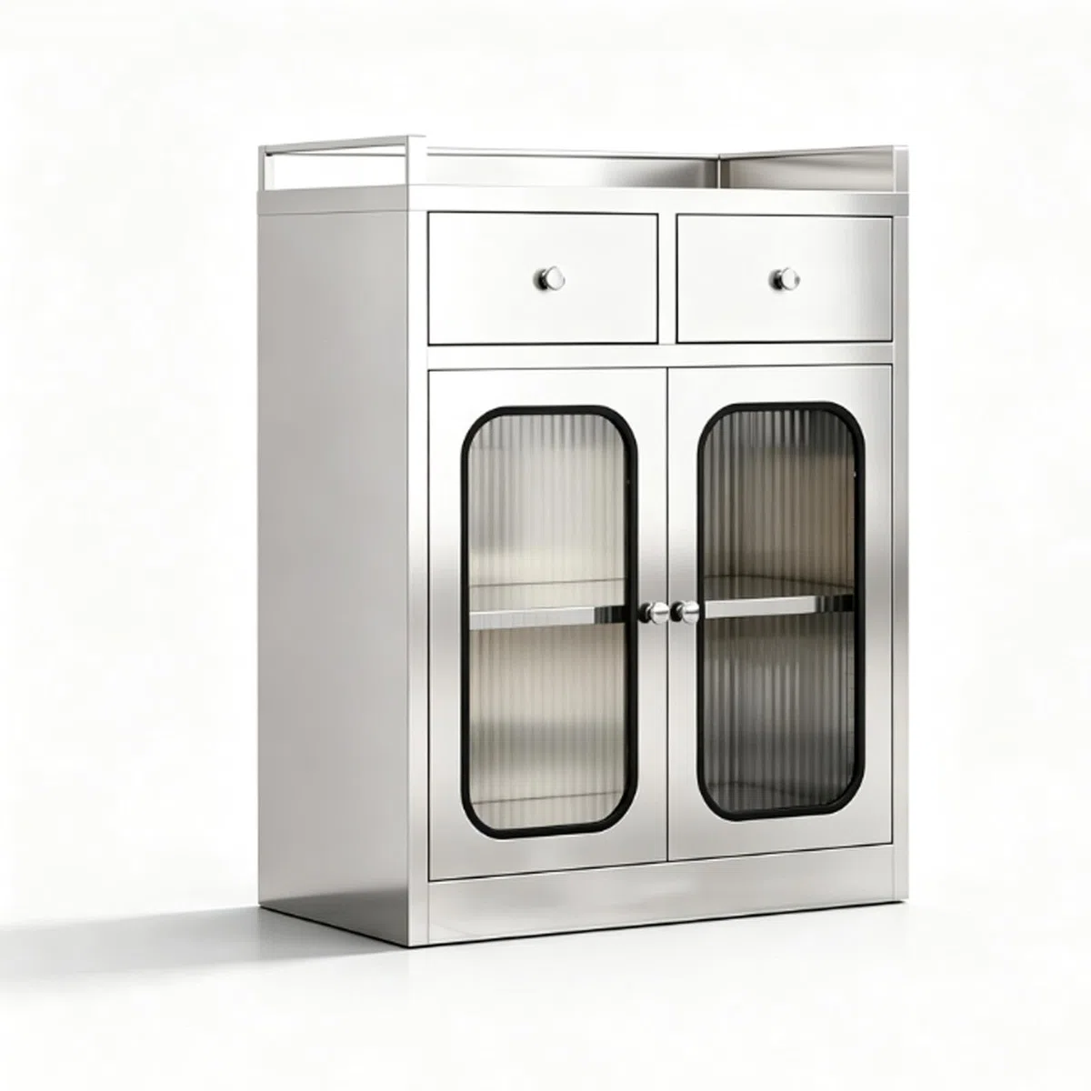 Armoire de Rangement INOX 304 avec Portes Vitrées, Support Micro-Ondes