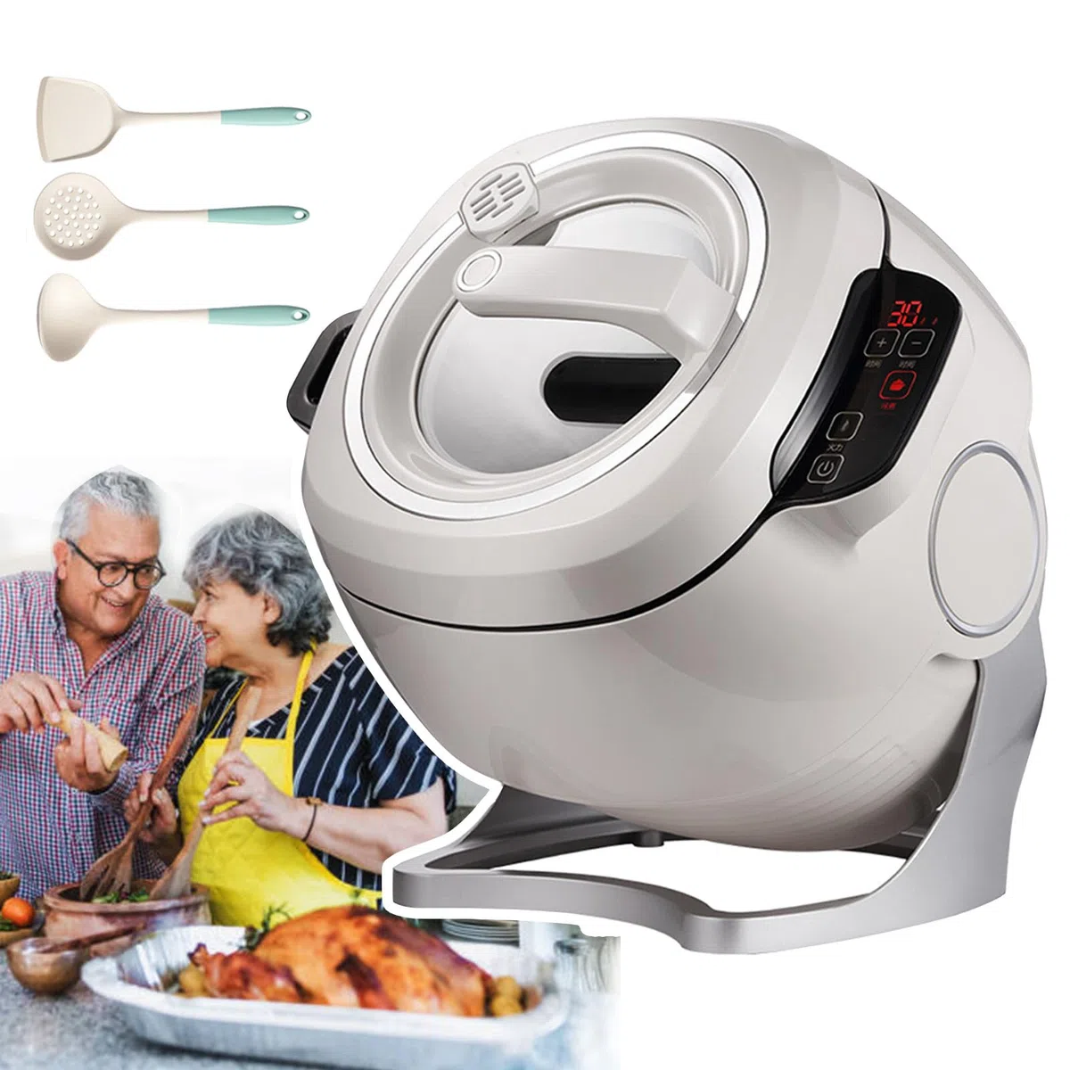 Riz Frit Au Wok Automatique 2000W 6L, Machine De Cuisson Automatique, 3 Vitesses Réglables, Rotation Automatique À 360°, Machine À Riz Frit De Cuisine Automatique, A,