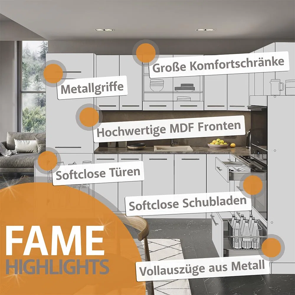 Vicco Cuisine Fame-Line, Blanc Haute Brillance/Anthracite, 380cm