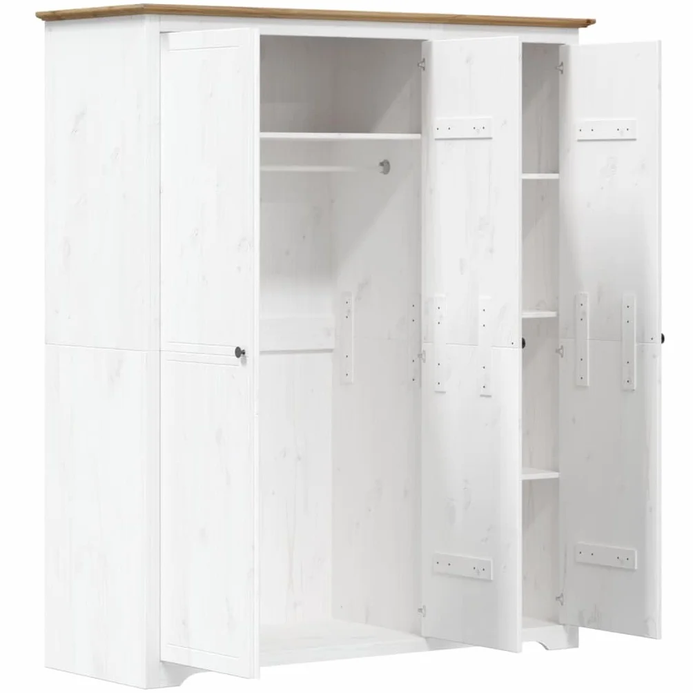 Armoire BODO - Blanc et marron - En pin massif - 146 x 53,5 x 173 cm - Avec 3 portes, poignées en métal, tringle à vêtements, étagère pour chambre à coucher et dressing