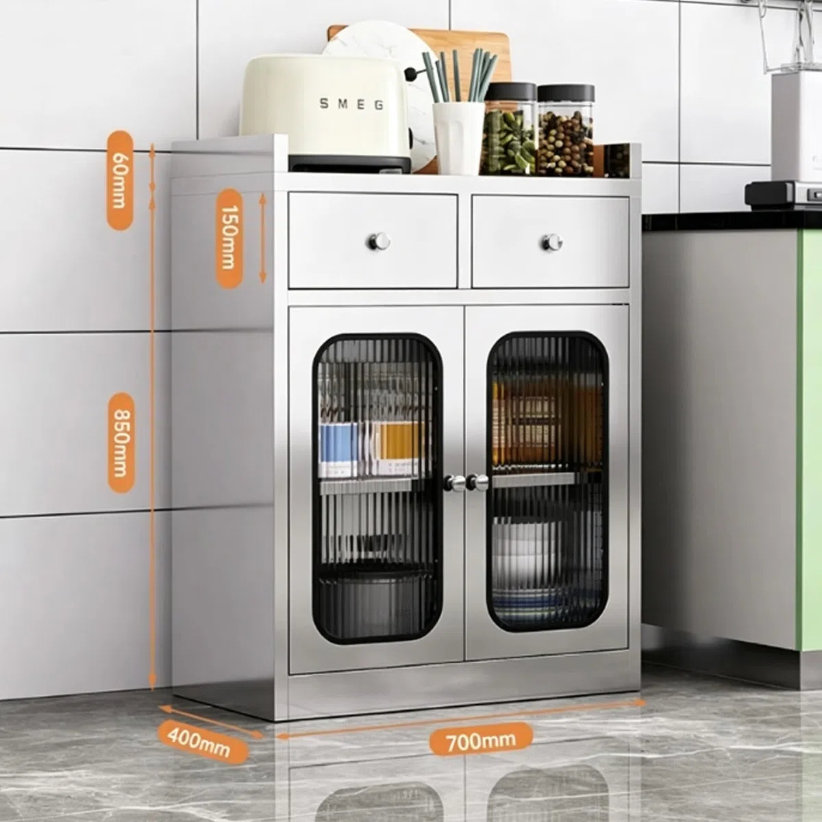 Armoire de Rangement INOX 304 avec Portes Vitrées, Support Micro-Ondes