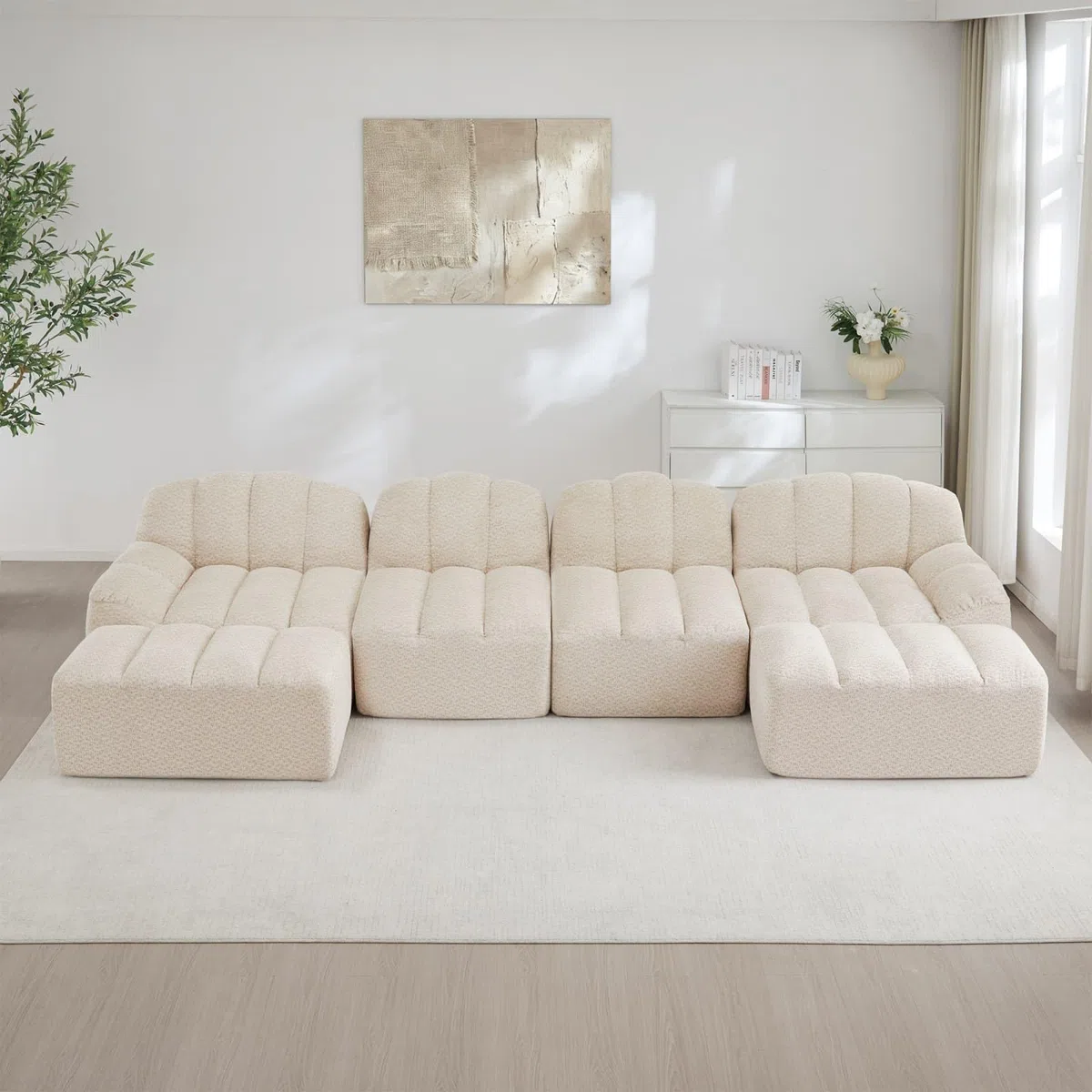 EURHCIO Canapé d'angle modulaire,Canapé 4 Places Salon en Polaire granuleuse,2 Poufs,Mousse Haute densité 32D,Assise Profonde,pour Salon,Bureau (Beige, 4places+2Poufs)