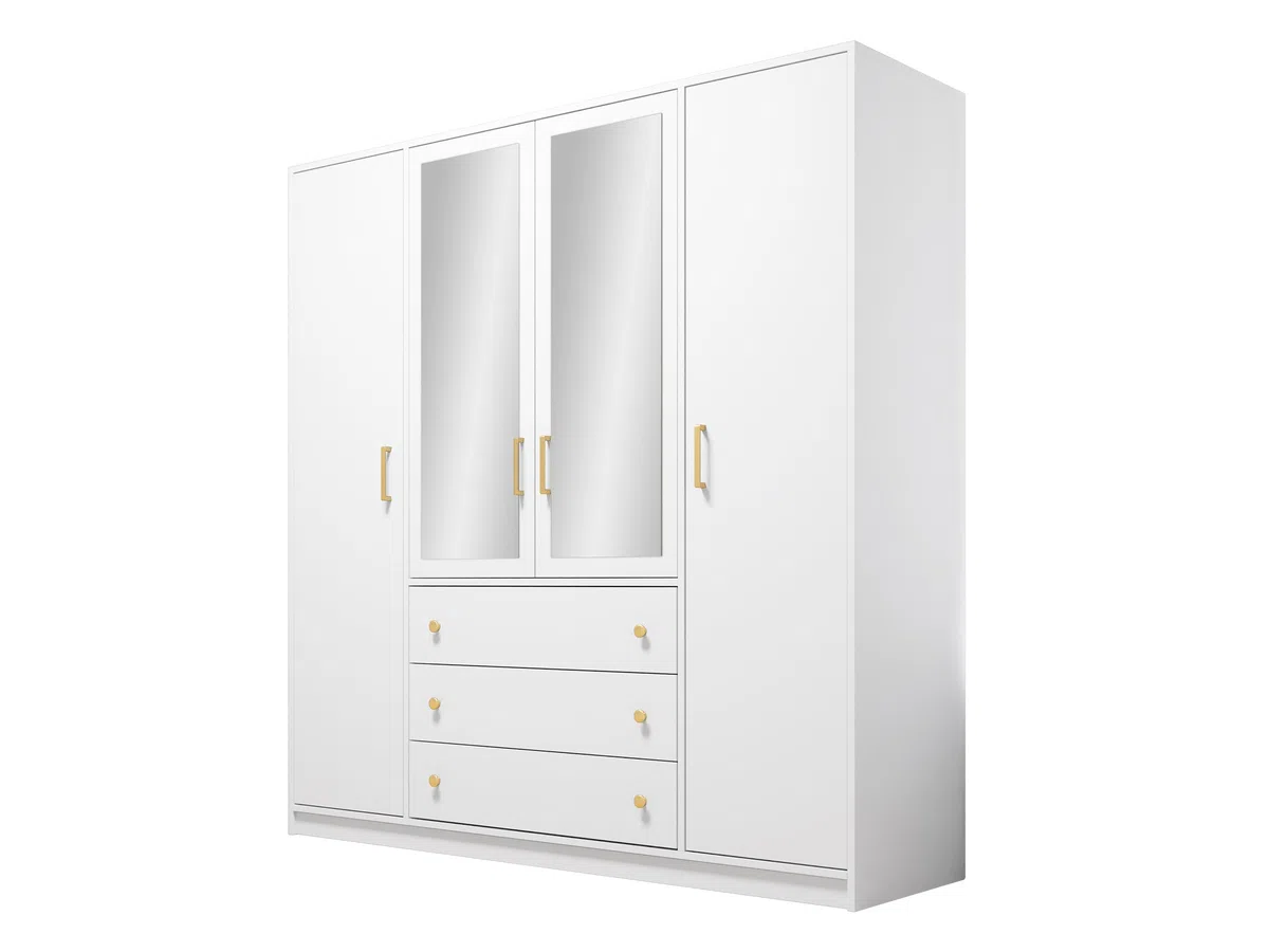 Mirjan24 Raviren Lux 4D Armoire à portes battantes avec miroir, 3 tiroirs et tringle à vêtements, élégante armoire pour chambre à coucher, chambre d'adolescent (blanc)