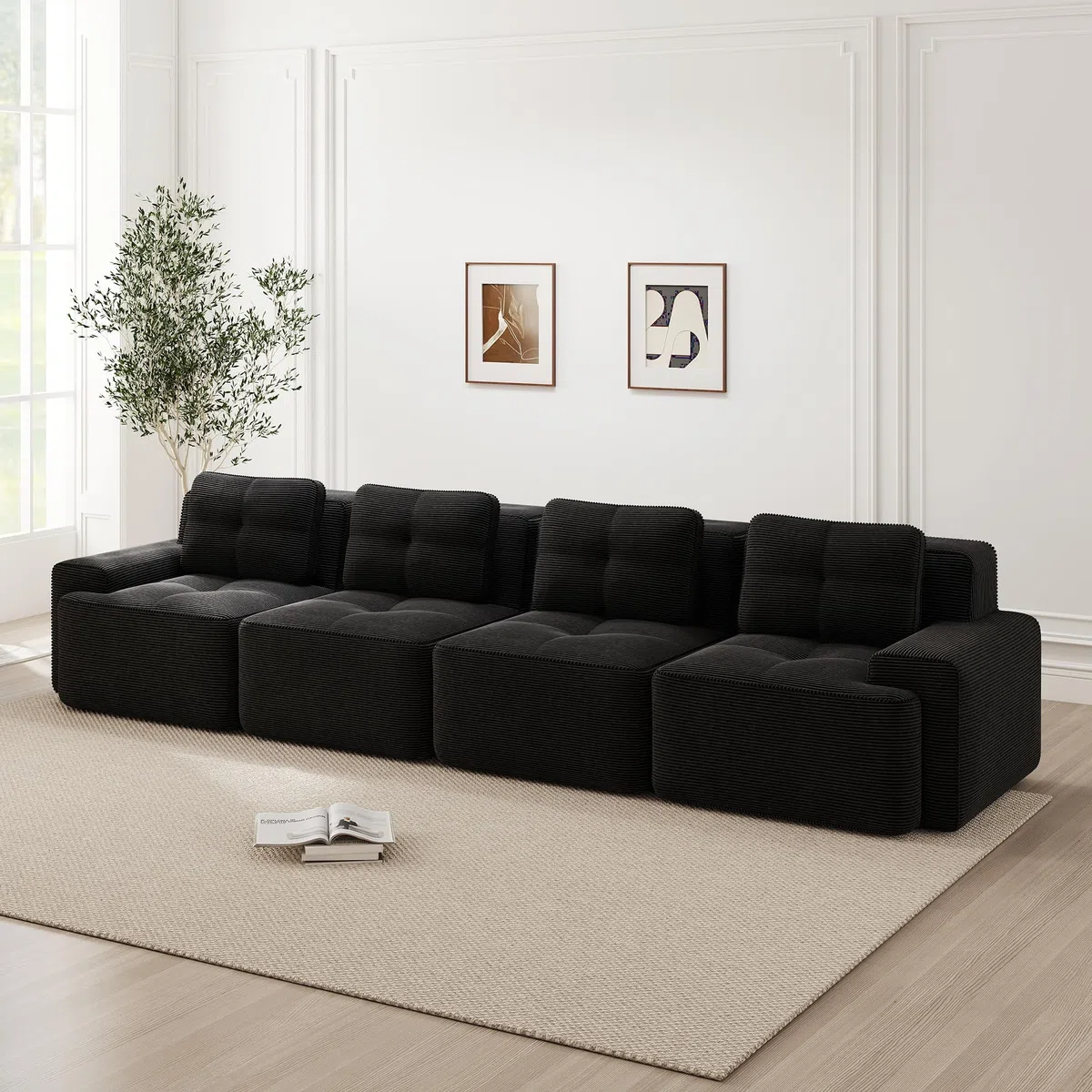 canapé Droit modulaire 4 Places, en Velours côtelé Noir, Dimensions 382 x 104 x 69 cm, Assise Profonde Confortable, Mousse Haute densité 32D, Structure sans Cadre, Base antidérapante