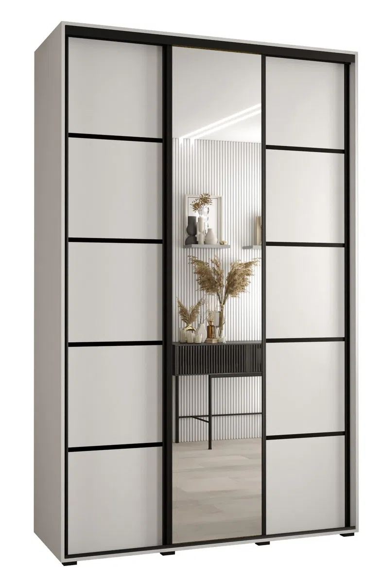 ABIKSMEBLE Cannes 5 Armoire Moderne à 3 Portes Coulissantes avec Barre, Étagères et Miroir - Armoire de Rangement pour Chambre, Salon - 205,2x160x45 cm - Blanc Blanc Noir