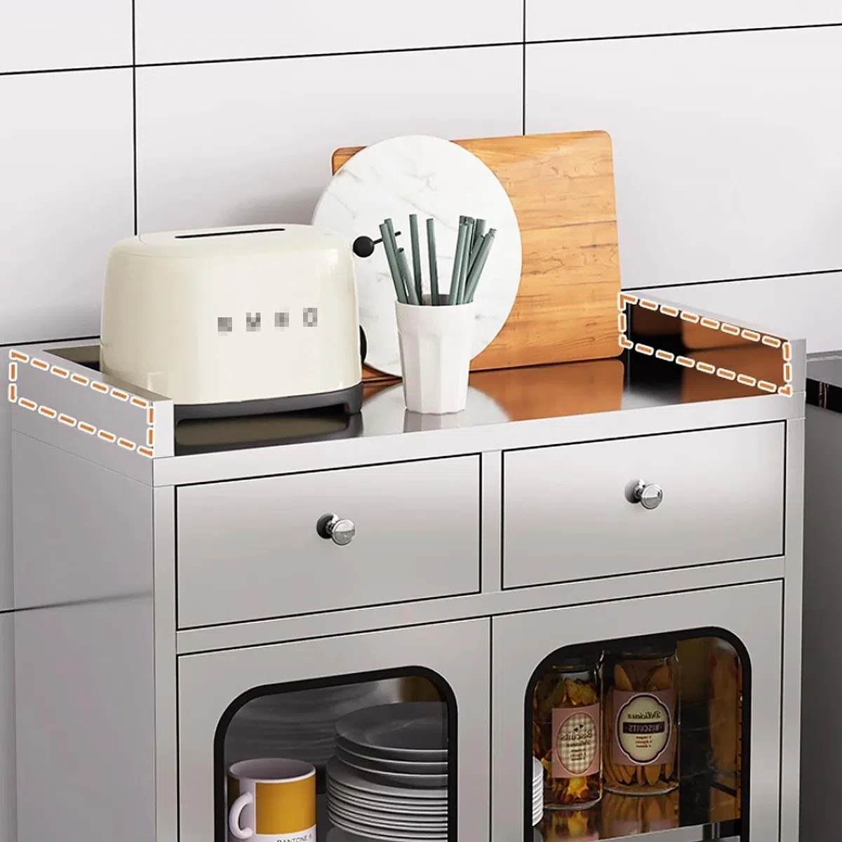 Armoire de Rangement INOX 304 avec Portes Vitrées, Support Micro-Ondes