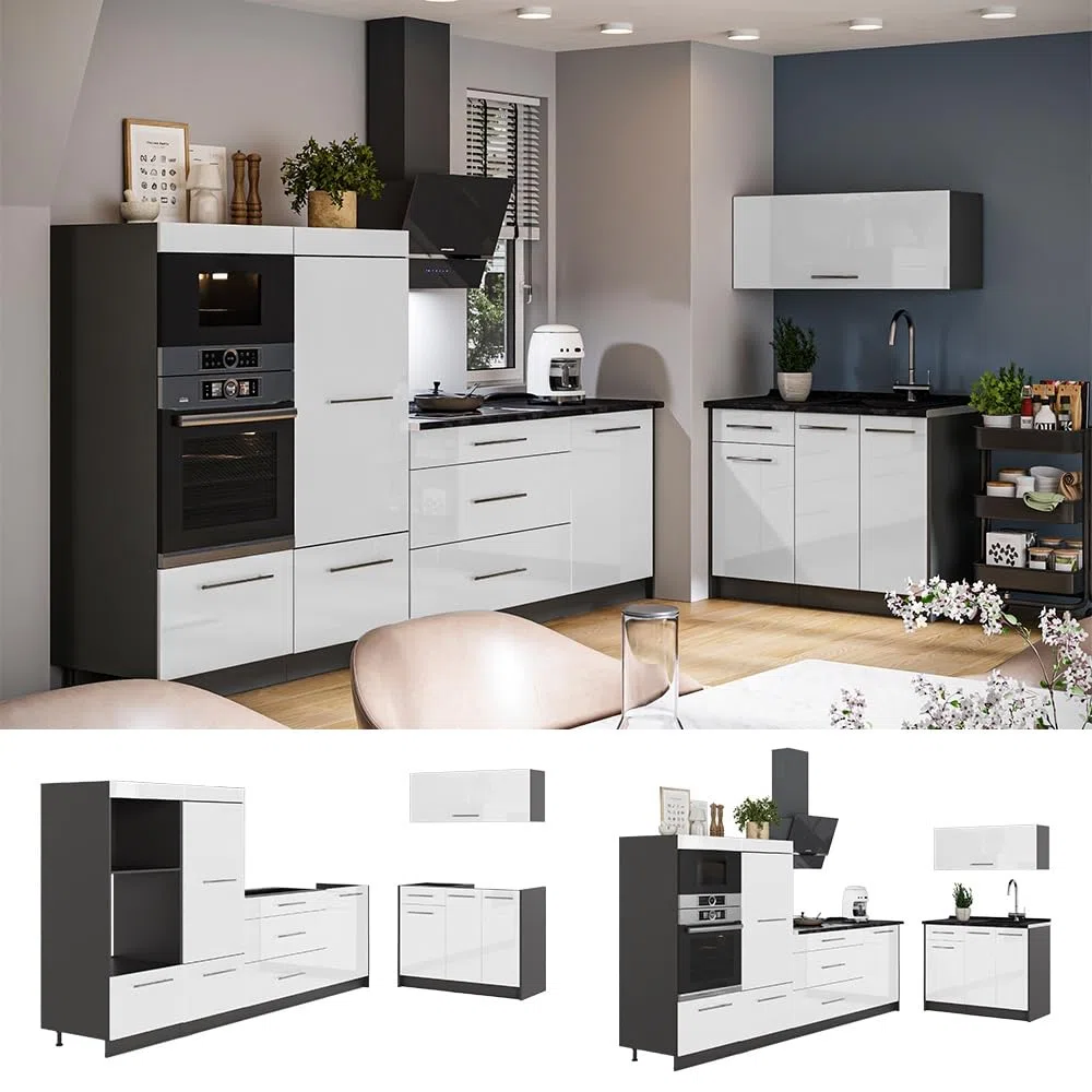Vicco Cuisine Fame-Line, Blanc Haute Brillance/Anthracite, 380cm
