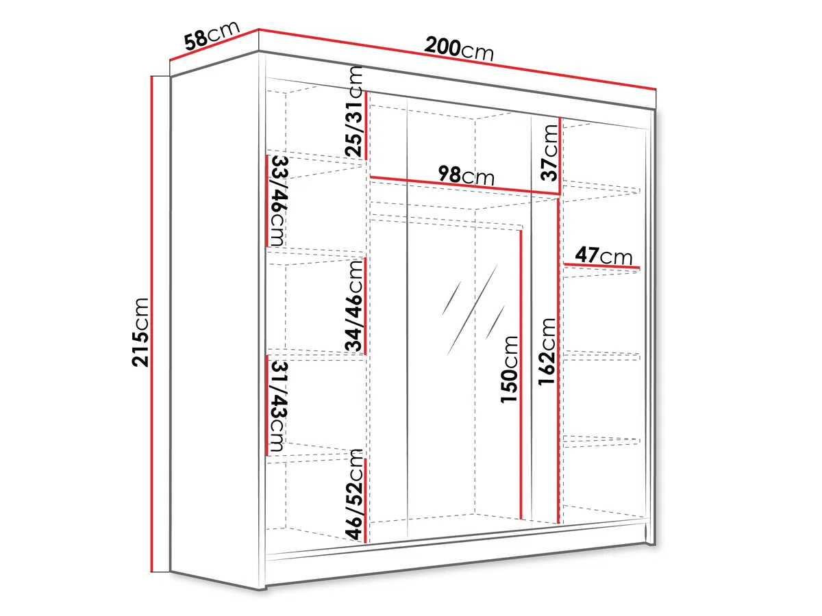 Mirjan24 Edrulaz VI - Penderie avec miroir - Armoire avec tringle à vêtements et étagères pour vêtements - 200 cm de large - Blanc/noir