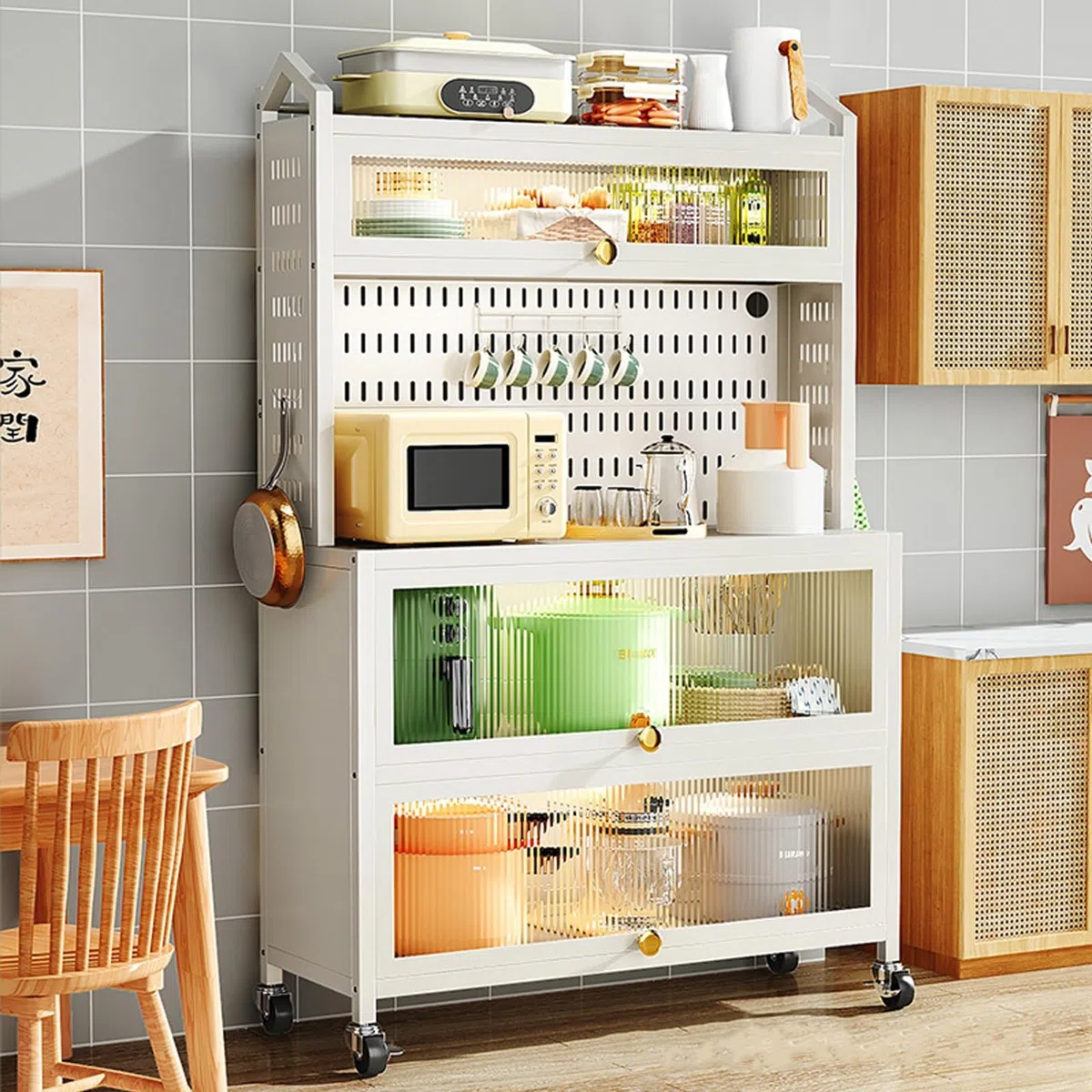 Grande armoire de rangement de cuisine – Bar à café avec portes battantes Étagère de four à micro-ondes Étagère de comptoir en métal Étagère élégante pour la maison et la cuisine (L : 102 cm / 40.6in)