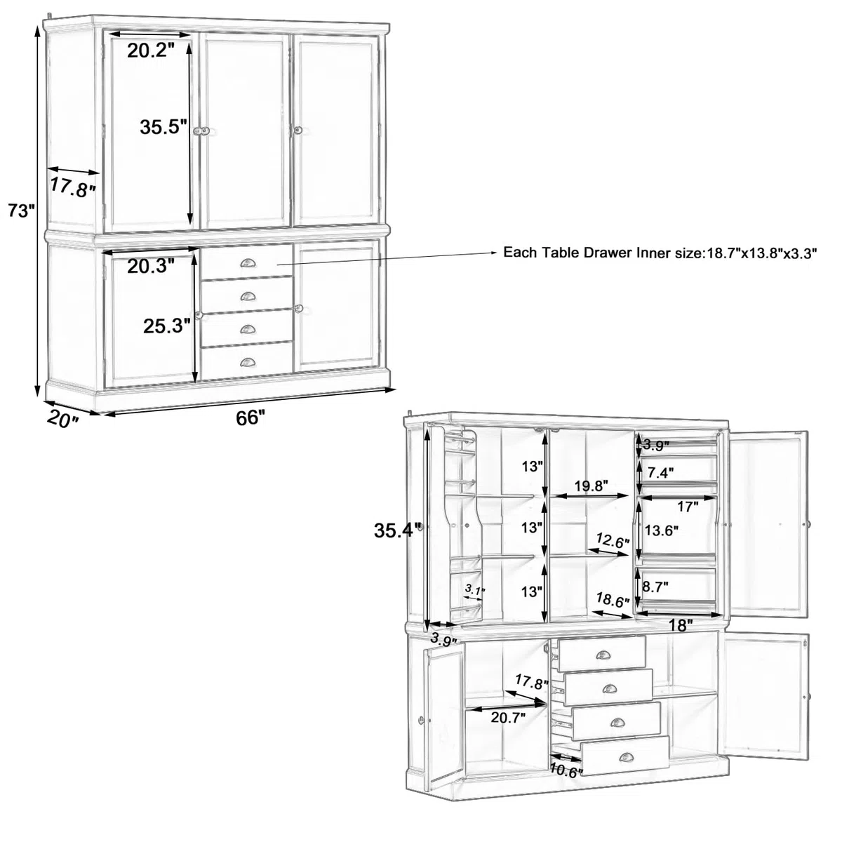 Garde-manger de cuisine en bois blanc – Meuble de rangement élégant avec 4 étagères réglables et 5 portes – Solution polyvalente pour salle à manger et cuisine