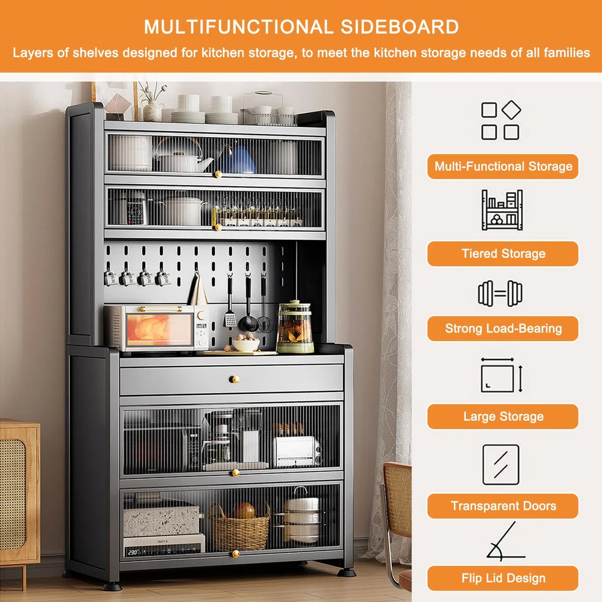 Armoire de cuisine autoportante blanche avec support pour micro-ondes, tiroirs et grand espace de rangement, 61 x 172,7 cm