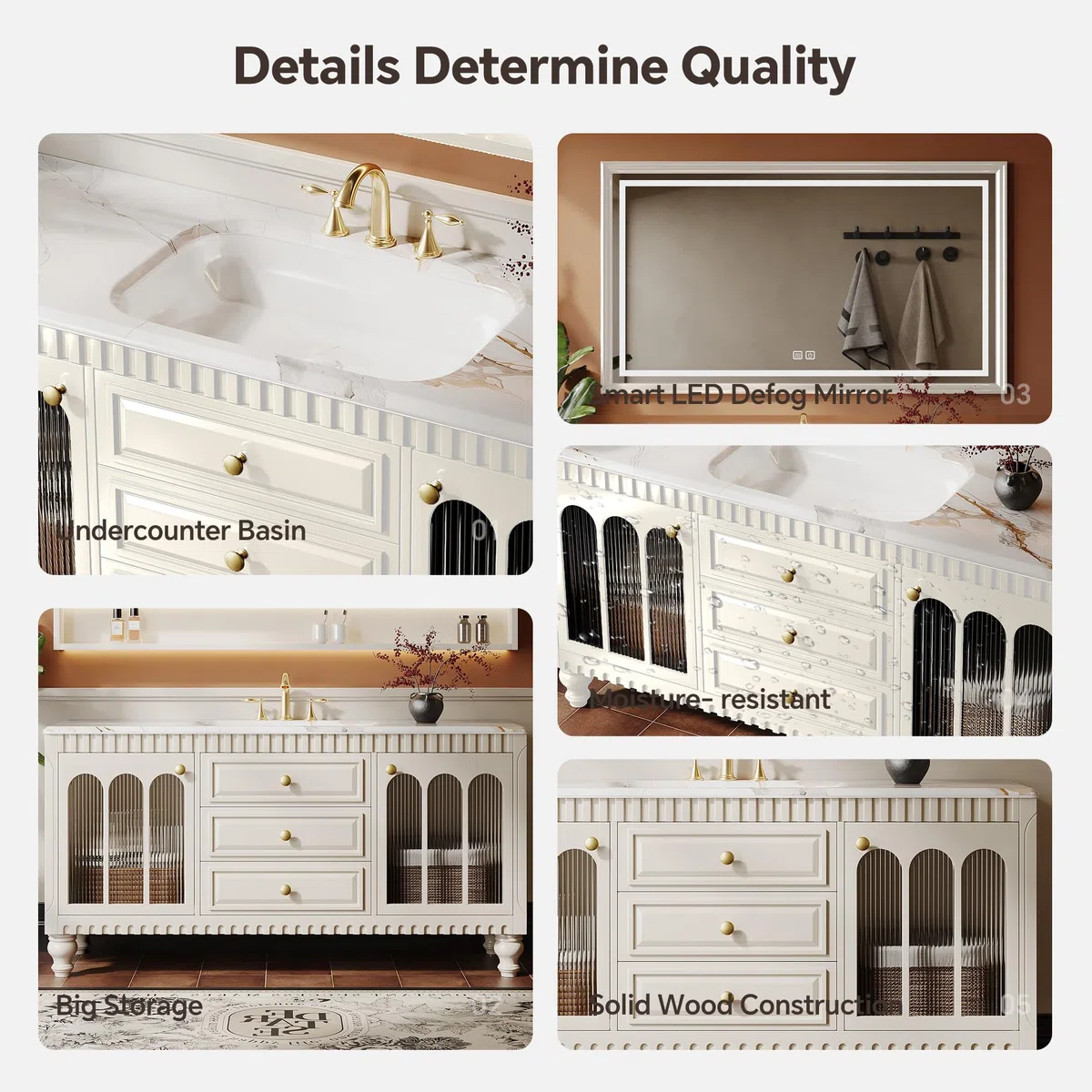 Meuble de salle de bain de style français simple avec armoire en bois massif, miroir de rangement intelligent, charnières à fermeture douce, design élégant pour salles de bains modernes