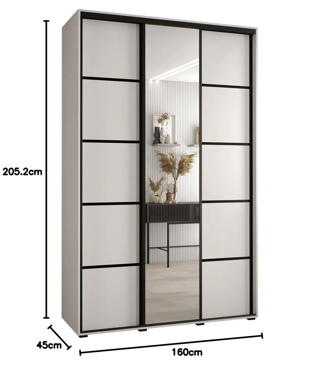 ABIKSMEBLE Cannes 5 Armoire Moderne à 3 Portes Coulissantes avec Barre, Étagères et Miroir - Armoire de Rangement pour Chambre, Salon - 205,2x160x45 cm - Blanc Blanc Noir