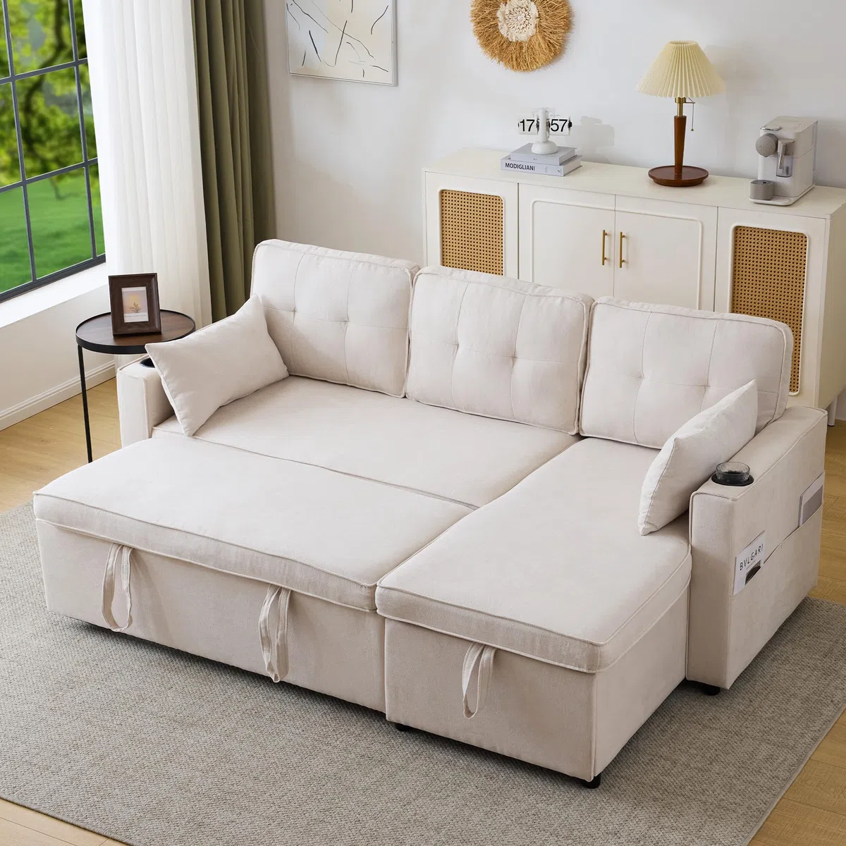 OKMYHOME Canapé Droit Convertible 3 Places - Banquette Convertible avec Rangement Intégré et Porte-Gobelets - Structure Bois Massif Fer - Beige