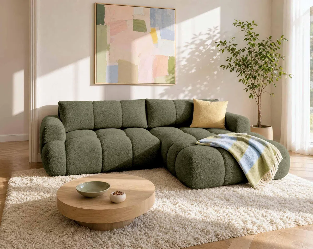 Bestmobilier - Yulin - Canapé d'angle Droit 4 Places Convertible avec Coffre en Tissu Bouclette, Vert