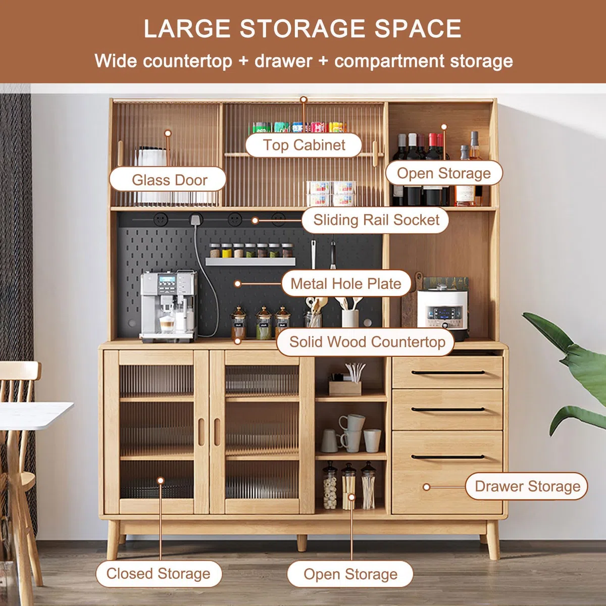 Armoire de cuisine avec station de charge coulissante et support de micro-ondes avec plaque d'orifice en métal 3 tiroirs autoportants pour salle à manger (noir) 167,6 cm