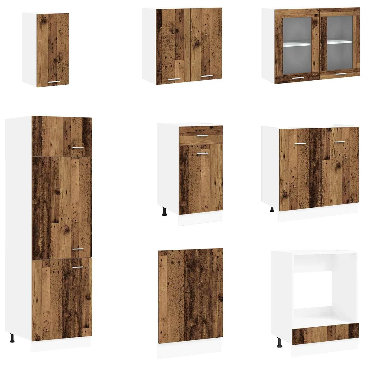 Meuble de Cuisine Complet Lyon 8 Pièces, Ensemble de Cuisine Aménagée en Bois d'Ingénierie avec Armoire Haute et Placard Bas Réglable pour Rangement Organisé, Couleur Bois Ancien