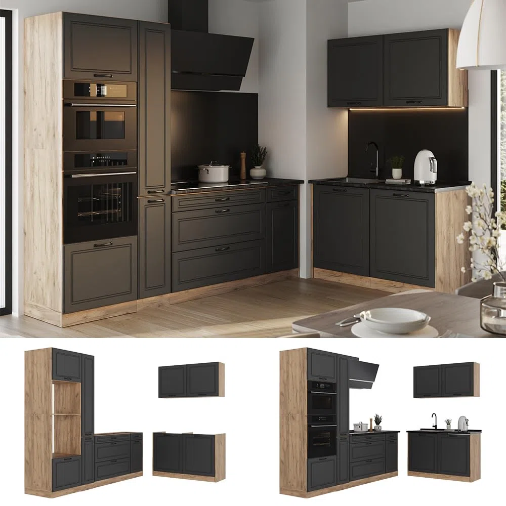Vicco Cuisine en Angle R-Line, Anthracite Campagne/Chêne doré 230 x 120 cm