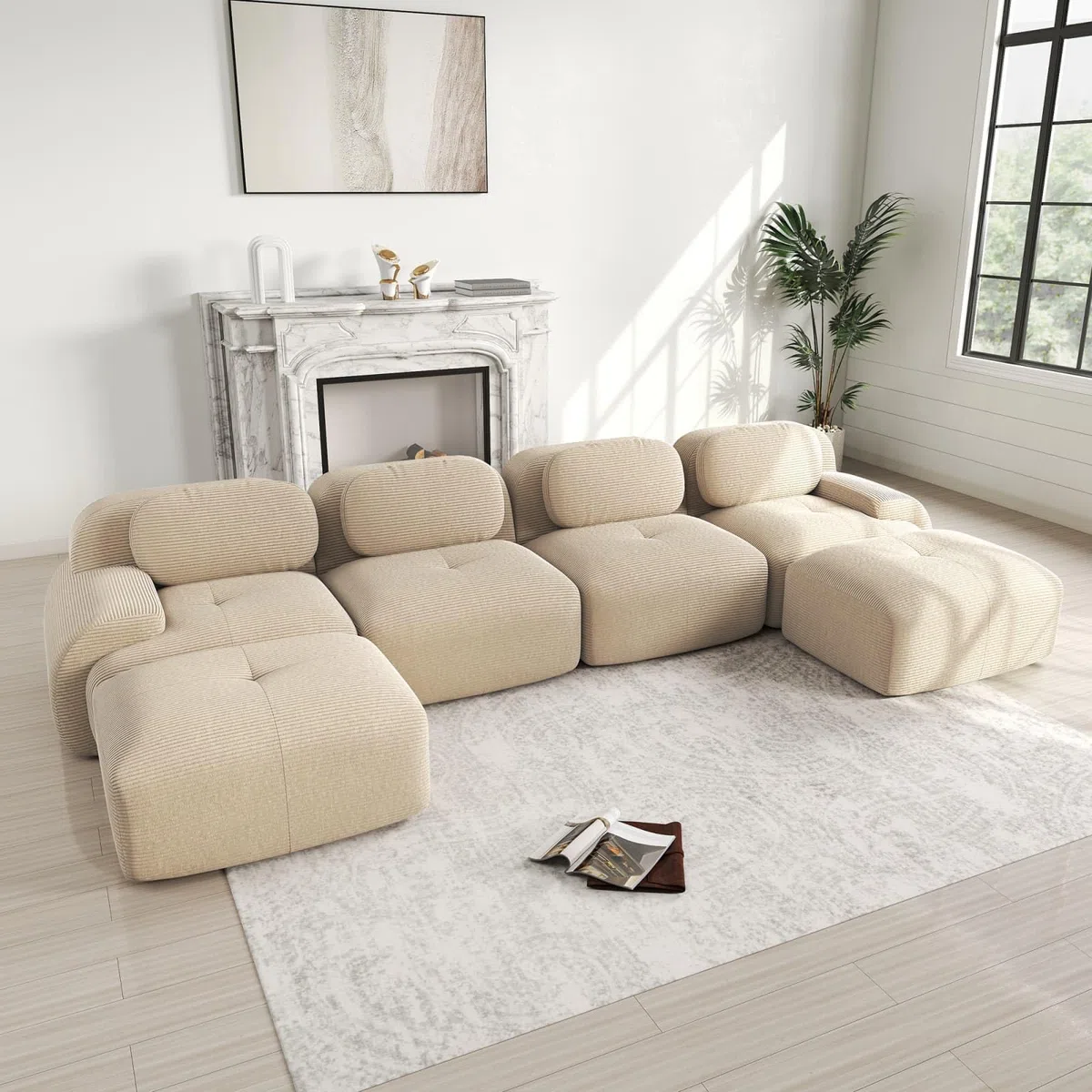 PUGSDRLY Canapé Modulaire en Velours Côtelé, Canapé d'angle Convertible, Accoudoirs Incurvés et Dessous Antidérapant, Hautement élastique 32D, sans Assemblage (Beige, 4 Places + 2 Repose-Pied)