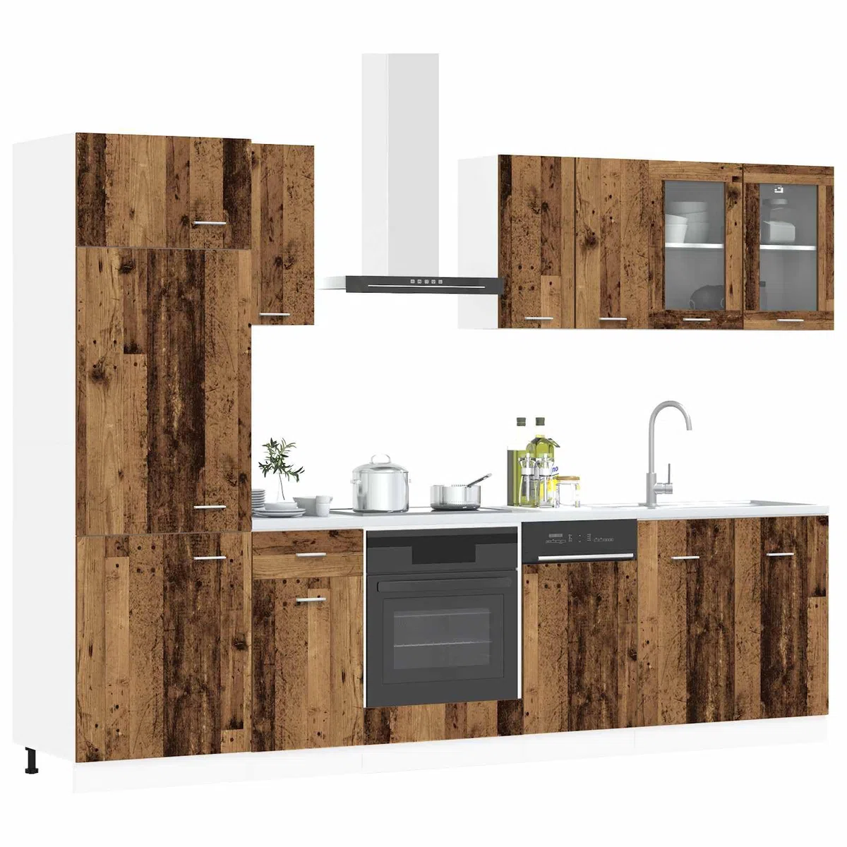 Meuble de Cuisine Complet Lyon 8 Pièces, Ensemble de Cuisine Aménagée en Bois d'Ingénierie avec Armoire Haute et Placard Bas Réglable pour Rangement Organisé, Couleur Bois Ancien