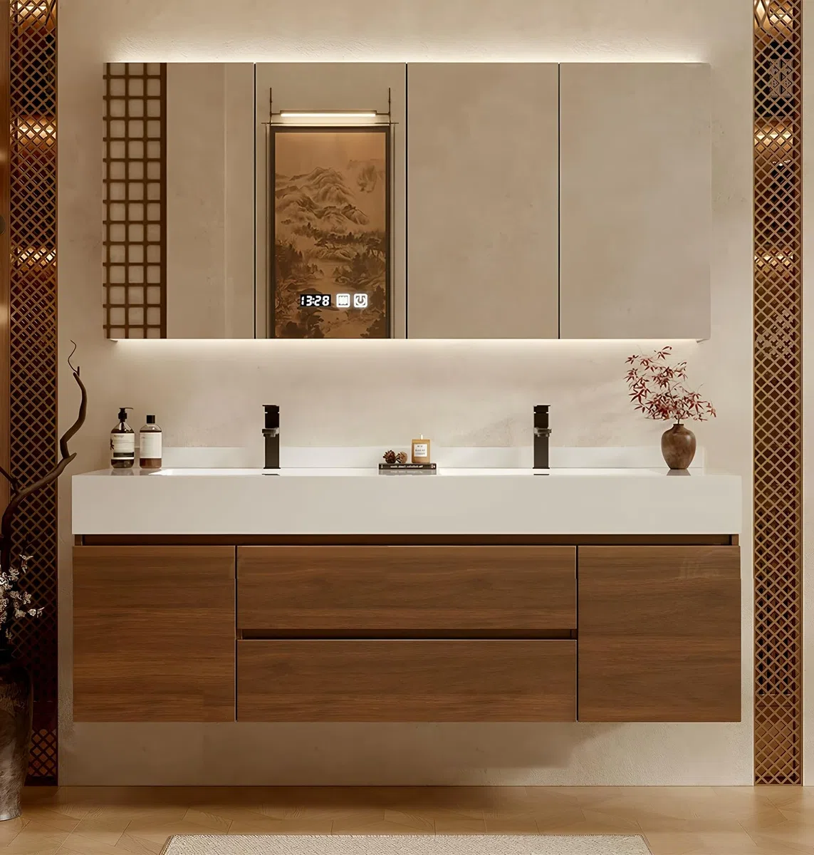 Meuble de salle de bain en bois de noyer avec miroir antibuée intelligent à DEL – Meuble flottant en ardoise avec évier en céramique et tiroirs de rangement – 203,2 cm