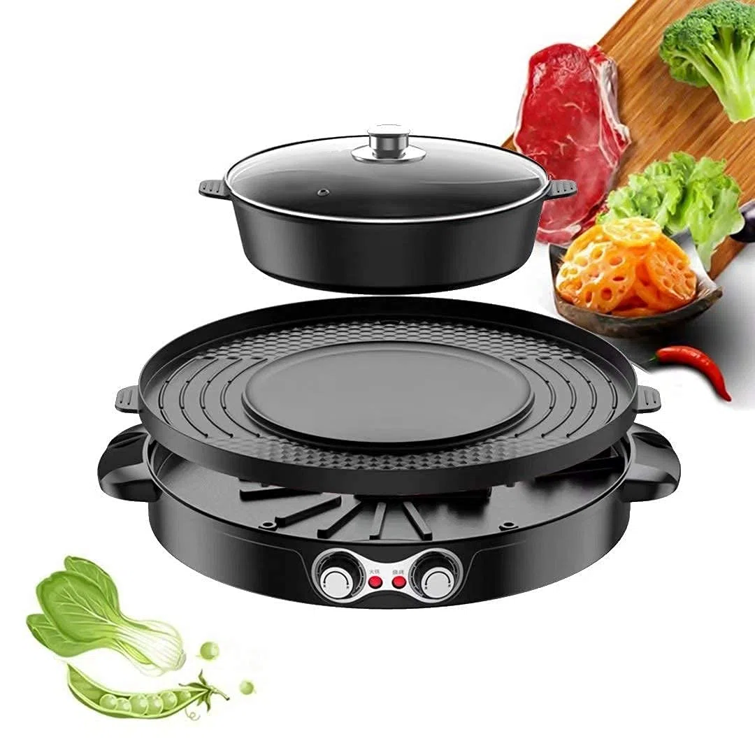 Grill électrique portable, 2 en 1 Grill électrique sans fumée, Poêle antiadhésive à très grande surface, Plage de température réglable de 0° à 1200° C, Utilisation intérieure et extérieure Double the