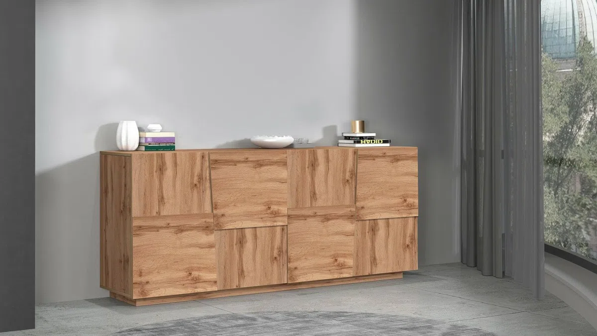 Dmora - Buffet Yago de Salon Moderne Avec 4 Portes, 200x44h86 cm, Chêne
