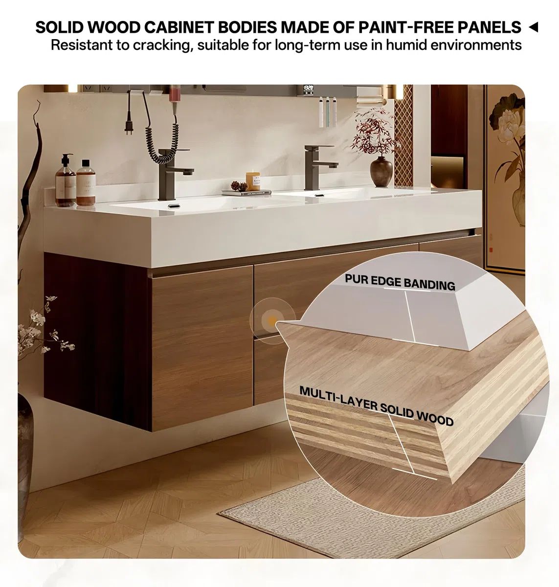 Meuble de salle de bain en bois de noyer avec miroir antibuée intelligent à DEL – Meuble flottant en ardoise avec évier en céramique et tiroirs de rangement – 203,2 cm