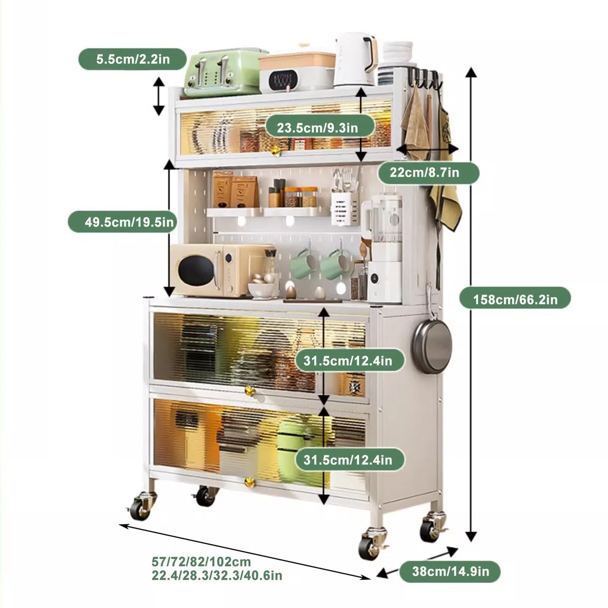Grande armoire de rangement de cuisine – Bar à café avec portes battantes Étagère de four à micro-ondes Étagère de comptoir en métal Étagère élégante pour la maison et la cuisine (L : 102 cm / 40.6in)