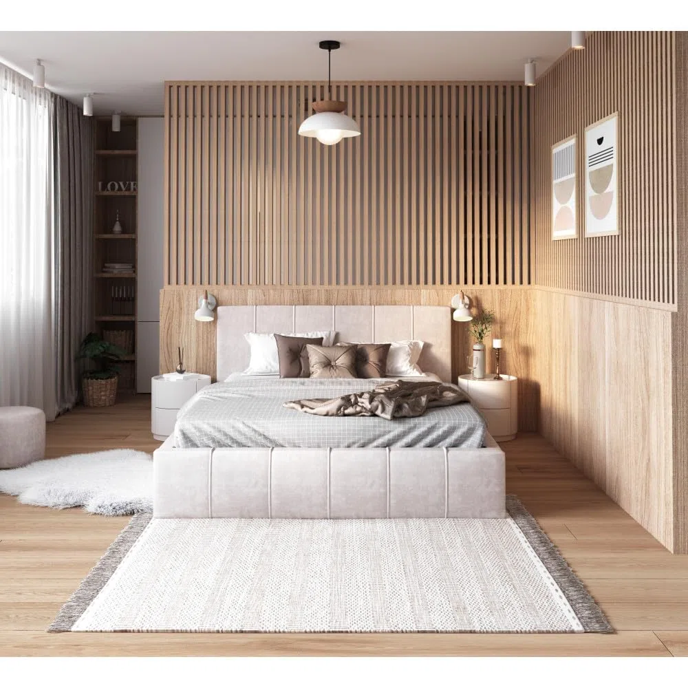 Lit coffre ATLANTA 140 x 190 cm avec sommier à lattes relevable Beige