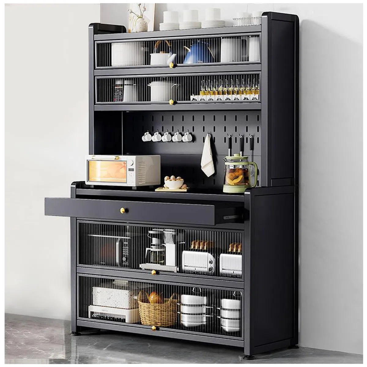 Armoire de rangement pour cuisine avec support pour micro-ondes - Clapier autoportant avec tiroirs et roulettes - Noir - 80 x 172 cm