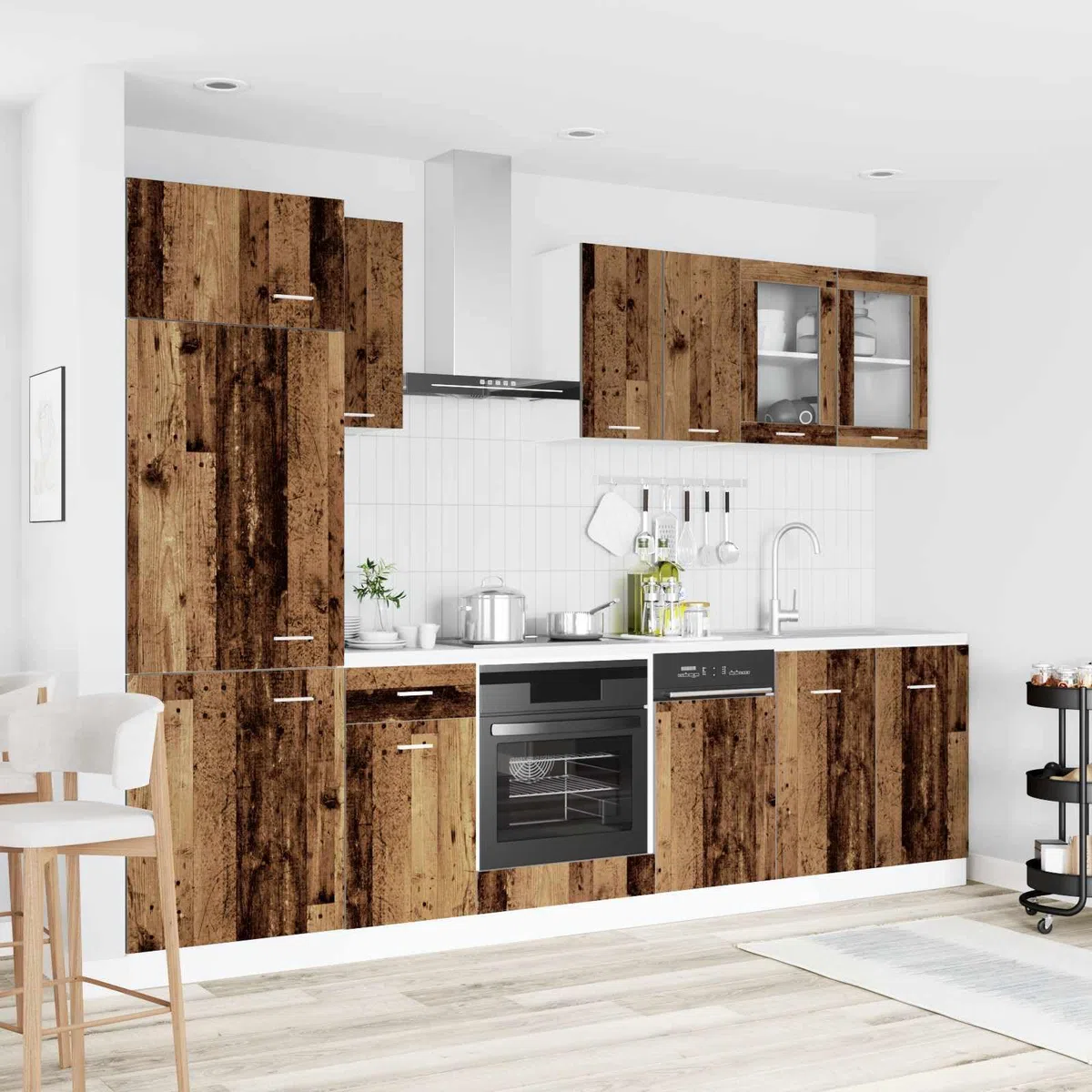 Meuble de Cuisine Complet Lyon 8 Pièces, Ensemble de Cuisine Aménagée en Bois d'Ingénierie avec Armoire Haute et Placard Bas Réglable pour Rangement Organisé, Couleur Bois Ancien