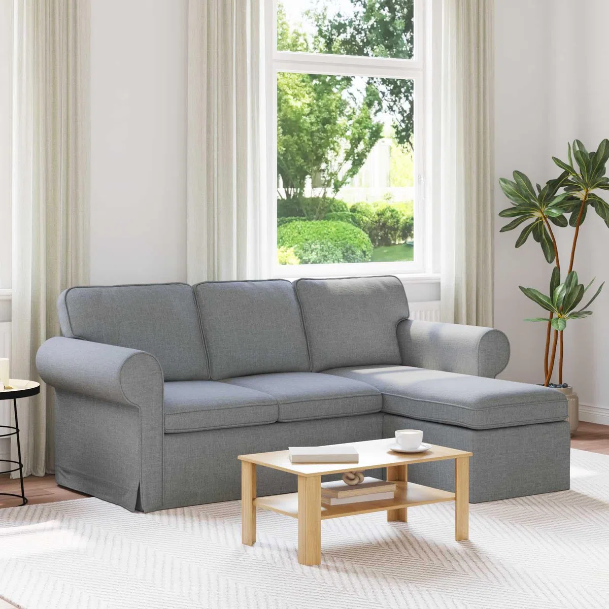 Canapé gris clair 195 x 138 x 80 cm en tissu avec fonction couchage et espace de rangement, canapé d'angle avec design modulaire, coussin d'assise confortable, cadre en métal robuste, idéal