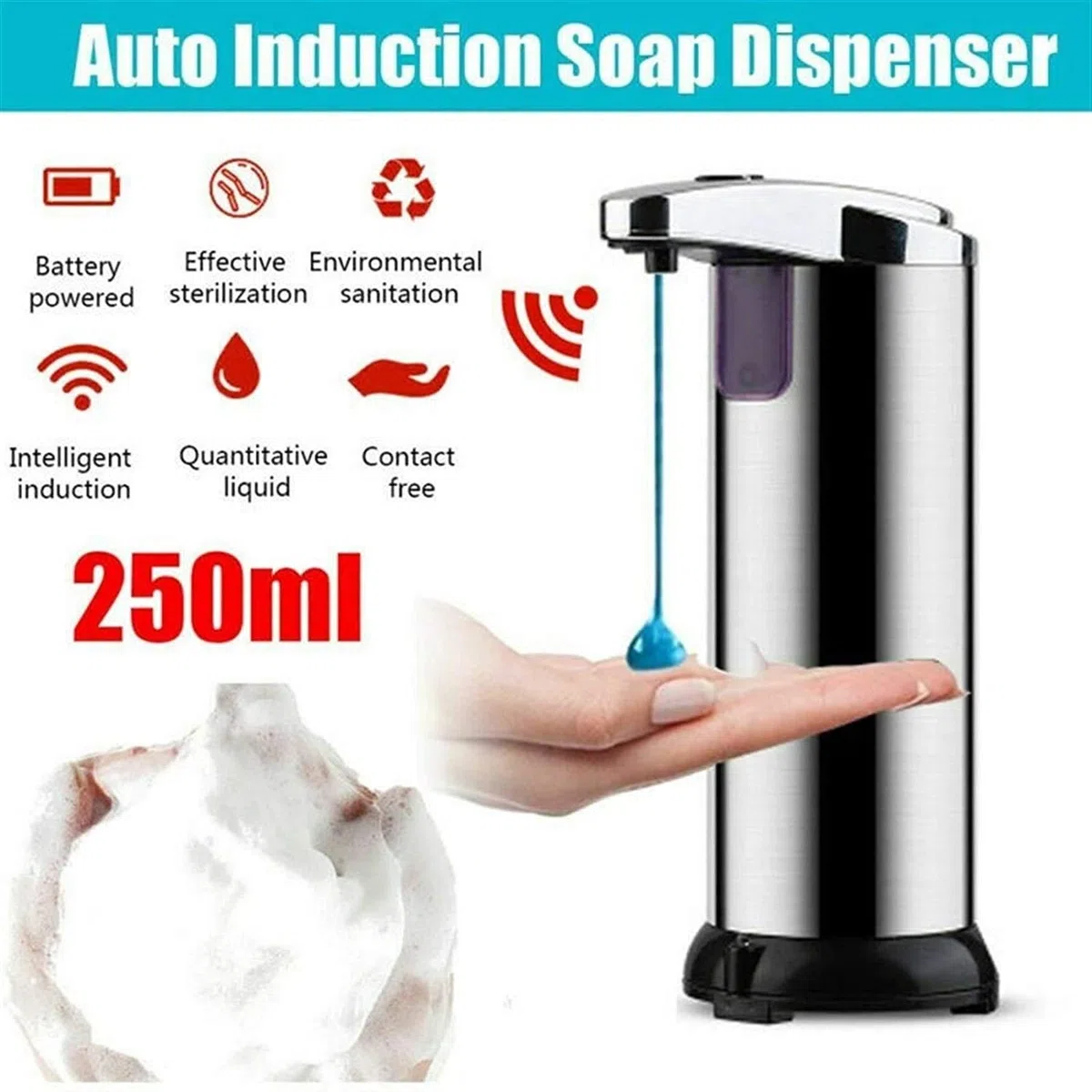 Distributeur de capteur de Mouvement de Gel sans Touch sans Touche Distributeur de Mouvement Noir, Distributeur de Gel Mains Libres de Piles, Distributeur de Savon Automatique à Main sans Eau de